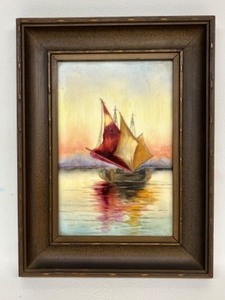 lot 133 image: Hand Painted Framed Porcelain Tile Sail Boat Scene Unsigned