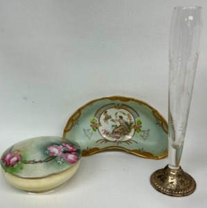 lot 136 image: Lenwile Hand Painted Porcelain Crescent Plate, O.&E.G Trinket Box  & Duchin Sterling Silver Glass Bud Vase