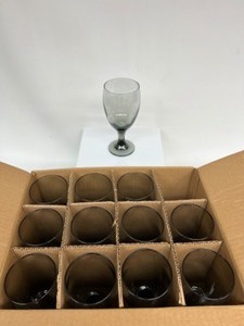 lot 138 image: 12 Vintage MCM Mid Century Modern LIBBEY Smoke Gray Goblets New in Box