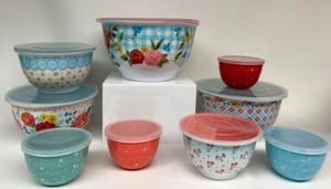 lot 139 image: 18 Pc. PIONEER WOMAN Melamine Sweet Rose Mixing Bowl Set