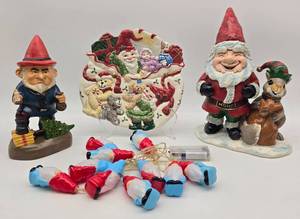 lot 164 image: 3 Pc Christmas Gnomes Decor & Fitz and Floyd Plate 