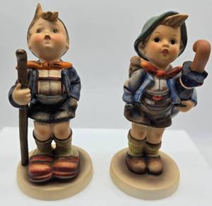 lot 219 image: Pair - Vintage Goebel  Little Hiker & Boy wPig Hummel Figurines
