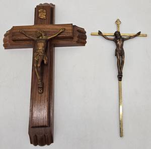 lot 223 image: Vintage Crucifixion Wood Cross with Hidden Compartment & Brass Cross