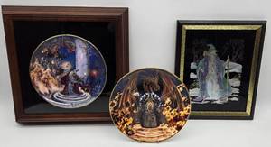 lot 272 image: 2 Vintage 80s FRANKLIN MINT Dragon Plates & Foil Wizard Wall Etching