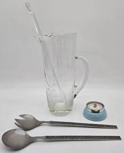 lot 278 image: Mid Century Cocktail Glass Pitcher Set, Oneida Serving Utensils, & Dulton Timer