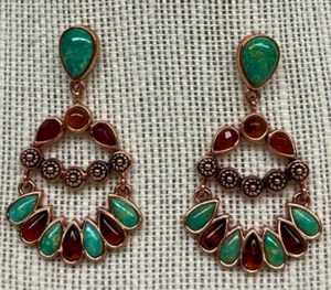 lot 245 image: BARSE DEsigner Turquoise & Amber Drop Chandelier EARRINGS Rose Gold Tone Metal