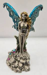 lot 335 image: 3 Vintage Pewter Fairy Figurines & Metal Tree 