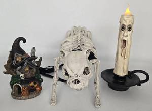 lot 340 image: Halloween Decor including Skeleton Dog, Witch House & Candlestick