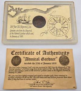 lot 403 image: Collectible 1809 Shipwreck Coin, Admiral Gardner wCertificate 