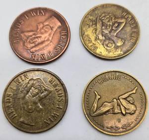 lot 404 image: Risque 1970s Heads and Tail Flip Coins - QTY 4