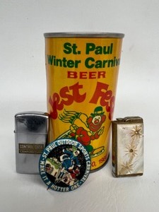 lot 357 image: Vintage Lot of Collectibles St Paul Winter Carnival Beer Can, Lighters and 1917 Pinback
