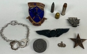 lot 389 image: Vintage Lot of US MILITARY Items US ARMY, ROTC, Bullets, Sterling USN Us Navy, Sterling Us Air Force and More
