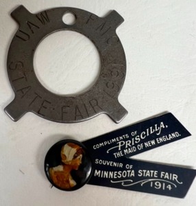lot 390 image: Antique & Collectible STATE FAIR Items Pinback from 1914 & Tool from 1991