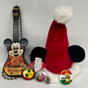 lot 387 image: Vintage Lot of MICKEY MOUSE Items Guitar, Pinback Buttons & Santa Hat