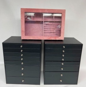 lot 388 image: Pair of Multiple Drawer Jewelry Boxes & Glass Topped Pink Case
