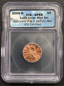 lot 25 image: 2005-D Lincoln Cent ICG SP69 Satin Finish Mint Set