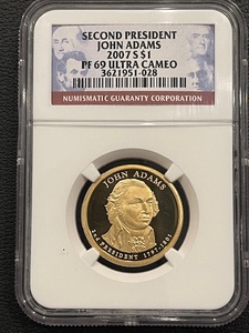 lot 28 image: 2007 John Adams Dollar Proof NGC PF69 Ultra Cameo