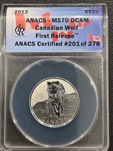 lot 36 image: 2013 Canadian Wolf $20 Dollar Silver Coin ANACS MS70 Deep Cameo #201 of 278