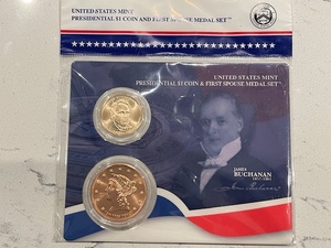 lot 58 image: Buchanan Presidential Dollar Coin and First Spouse Medal Set
