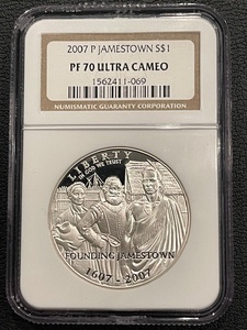 lot 65 image: 2007-P Jamestown Silver Dollar Proof NGC PF70 Ultra Cameo