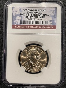 lot 66 image: 2007-P John Adams Dollar NGC Brilliant Uncirculated First Day of Issue