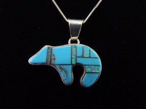 .925 Sterling Silver Turquoise and Inlayed Opal Native American Bear Pendant Necklace