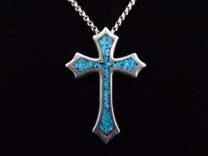 .925 Sterling Silver Inlayed Turquoise Cross Pendant Necklace