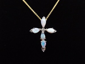 .925 Sterling Silver Diamond Accented Opal Cross Vermeil Pendant Necklace