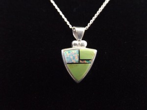 .925 Sterling Silver Inlayed Green Turquoise and Opal Native American Pendant Necklace