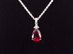 .925 Sterling Silver Pear Cut Ruby Crystal Pendant Necklace