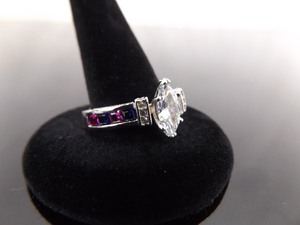 NEW .925 Sterling Silver Sapphire and Ruby Crystal Accented Marquis Cut Zirconia Ring Size 8