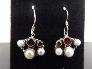NEW .925 Sterling Silver Garnet and Authentic Pearl Hook Earrings