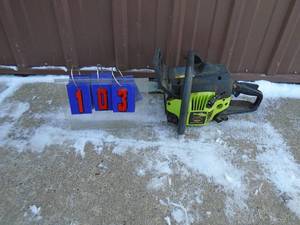 lot 103 image: Poulan 16 chainsaw. Fires on ether. Used condition. As shown.