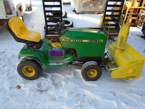 lot 104 image: John Deere 175 lawn tractor with 38 deck & snow thrower. New battery & Suzuki motor. As shown.