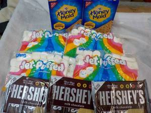 2 x 14.4 oz Boxes Honey Maid Graham Crackers, 3 x 6 packs full Size Candy Bars and 4 x 12oz Bags Jet Puffed Marshmallows