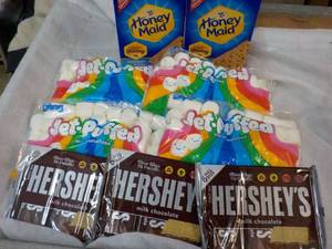 2 x 14.4 oz Boxes Honey Maid Graham Crackers, 3 x 6 packs full Size Candy Bars and 4 x 12oz Bags Jet Puffed Marshmallows