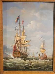 19th century Signed English Oil Painting on Board. Flagged Battle Ships on High Seas by De Beck.
