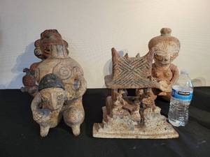 A group of 4 Pre Colombian Style Sculptures including a Monkey Temple