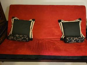 Mocha and Red 84 x 56 x 8 Memory Foam Futon . Comes with pillows as shown.