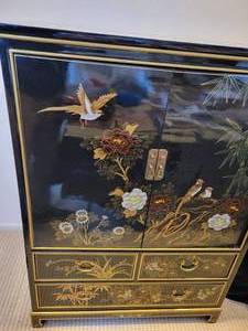 Oriental Black Lacquer TV Cabinet. Hand painted with flowers and birds.