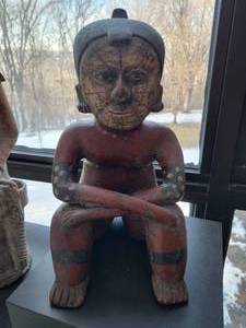 Replica Seated Chinesco Statue with Pedestal. Tribal Arts.