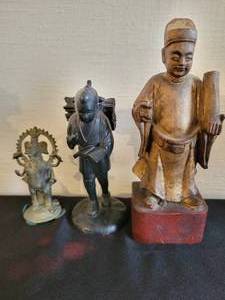 Chinese God Wood Carving. Japanese Metal Figure of Ninomiya Sontoku. Ganesh Hindu God.
