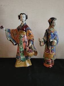 Two Shiwan Ceramic Art Pottery Lady Figurines. Free moving bracelets on their wrists.