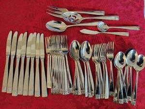 J A Henckels OLYMPUS Greek Key Stainless 45 piece Flatware Set.