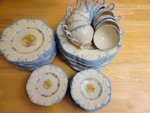 Pattern A2913 by Crown Ducal Floral, Scalloped, Embossed, Cream, Blue Trim.