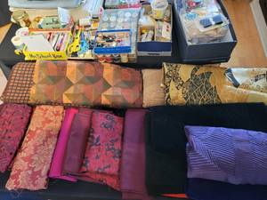 A large group of Fabric, Sewing Supplies and Beads.