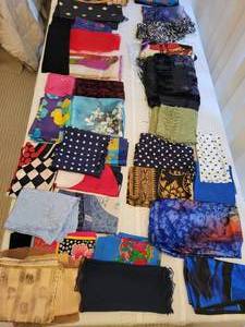 A group of 40 Ladies Silk and Poly Scarfs.