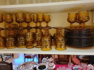 45 pieces of Vintage Indiana Colony Glass Kings Crown Thumbprint. Yellow Footed Goblets and Plates.