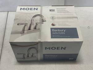 lot 1 image: MOEN 84943SRN Banbury 4 in. Centerset Double Handle Bathroom Faucet in Brushed Nickel ($89 Retail Value)