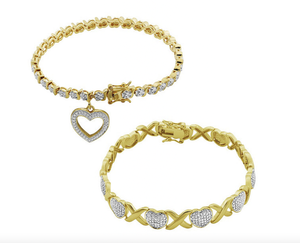 New Lovely 18K Gold and Rhodium Over Bronze Two-Tone Diamond-Accent 2-Pc. Heart Bracelet Set